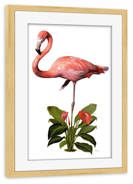 Poster mit Rahmen kiefer "Frollein Flamingo" artboxONE - Tiere,Essen & Trinken - Auf einem bein,Blume,Palme,Kinderzimmer,Wohnzimmer