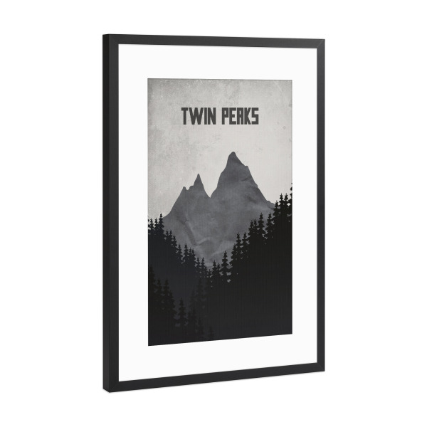 Poster mit Rahmen Schwarz (Metallic) "Twin Peaks" artboxONE - Typografie,Schwarzweiß - Wald,Berge,Mountain,Bäume