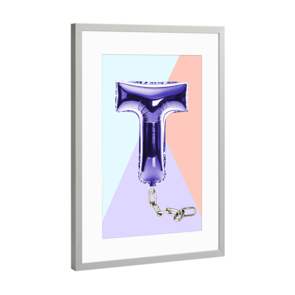 Poster mit Rahmen Silber "T for Terrific" artboxONE - Typografie - T,T,Letter,Buchstabe,Kette,Chain,Funny,Balloon,Ballon