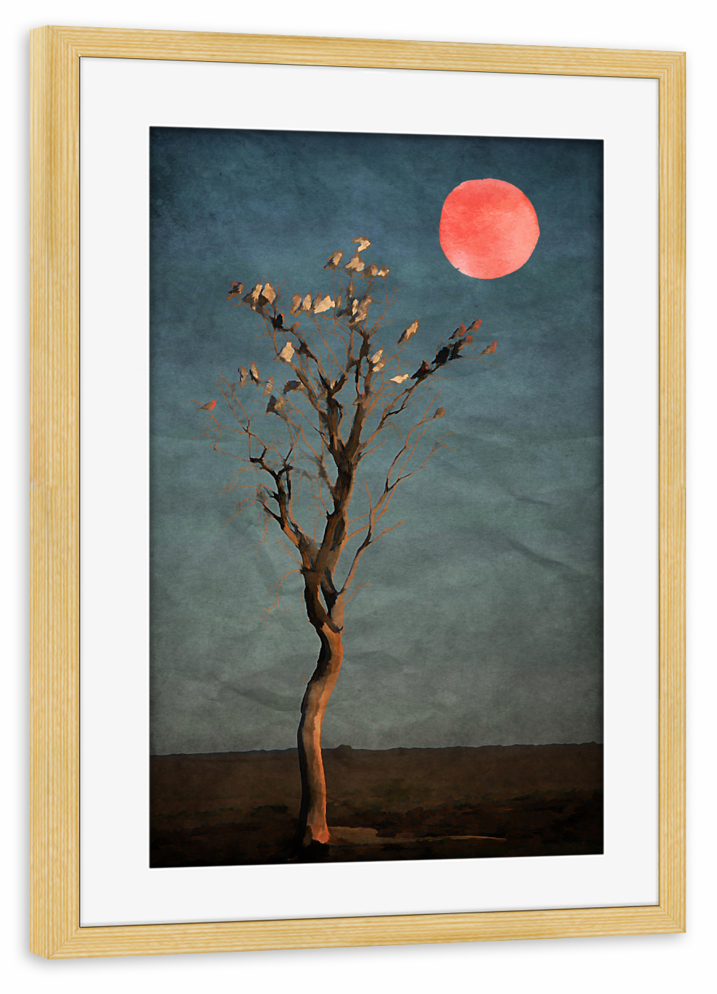 Poster mit Rahmen kiefer "Moon Birds" artboxONE - Natur,Floral,Abstrakt - Baum,Vögel,Mond,Sonne,Tree,Landschaft,Landscape