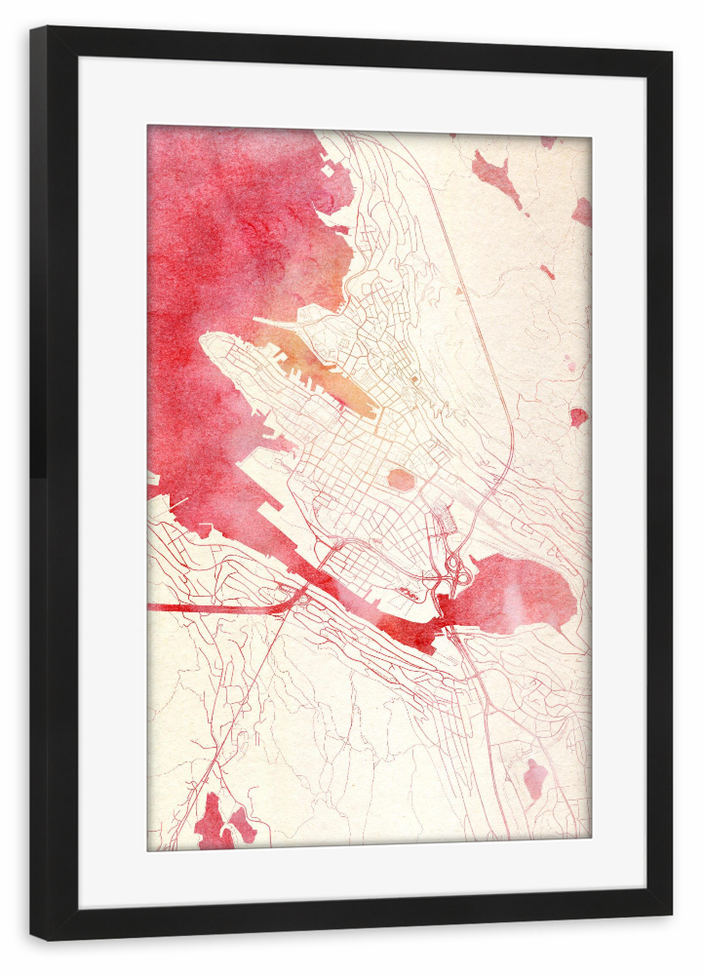 Poster mit Rahmen schwarz "Bergen Norwegen II" artboxONE - Städte,Reise - Städte,Stadtkarte,Wasserfarbe