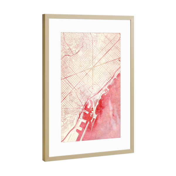 Poster mit Rahmen Gold "Barcelona Spanien II" artboxONE - Städte,Reise - Städte,Stadtkarte,Wasserfarbe