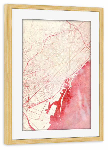 Poster mit Rahmen kiefer "Barcelona Spanien I" artboxONE - Städte,Reise - Städte,Stadtkarte,Wasserfarbe
