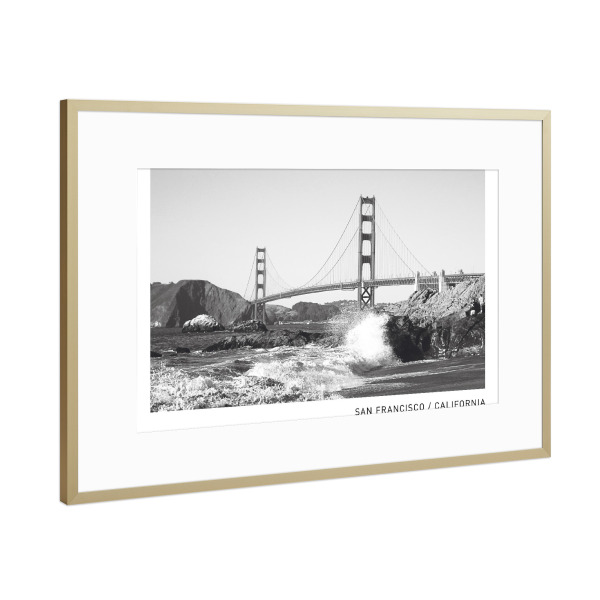 Poster mit Rahmen Gold "Golden Gate Bridge" artboxONE - Städte,Reise,Schwarzweiß