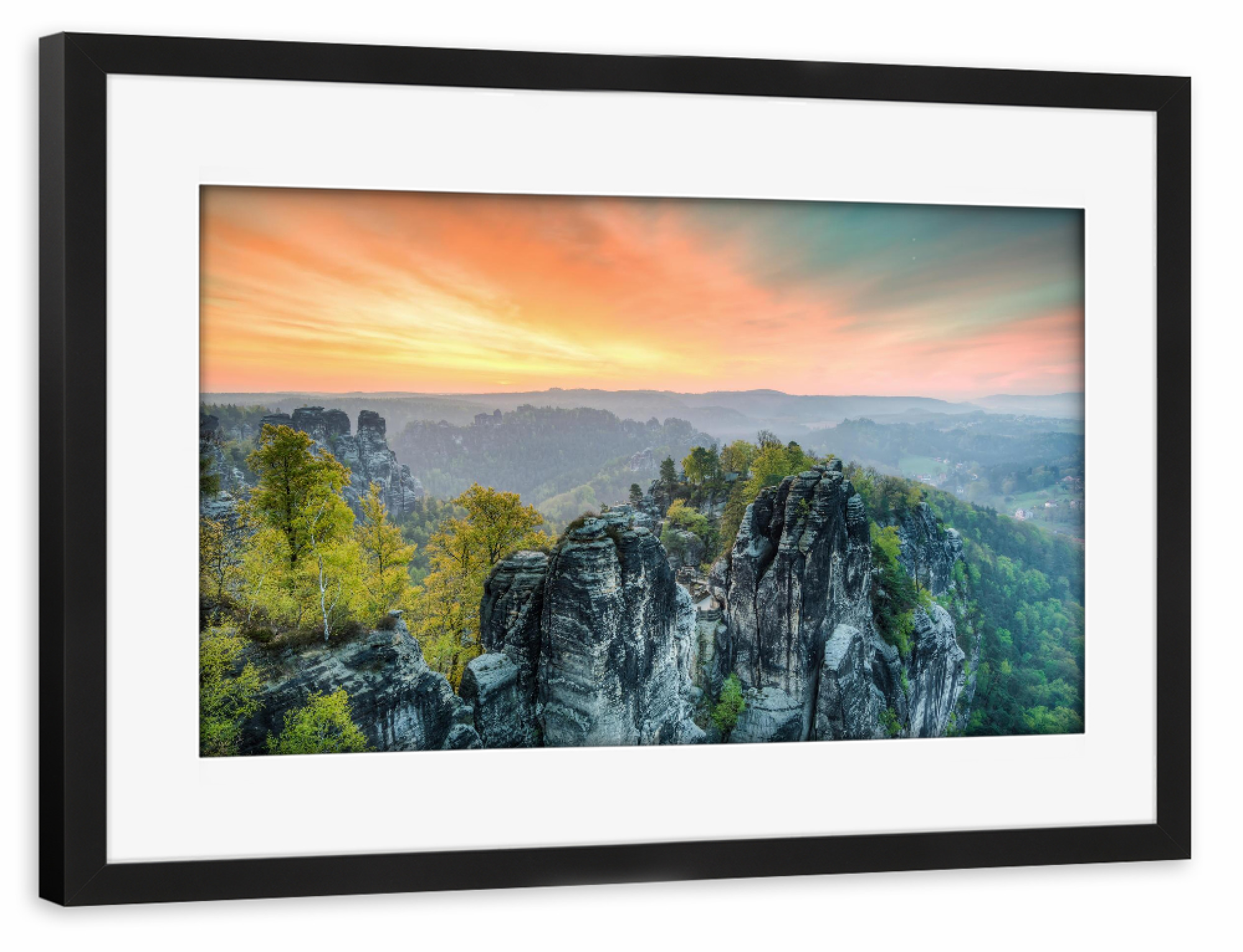 Poster mit Rahmen schwarz "Bastei Sonnenaufgang" artboxONE - Natur,Reise