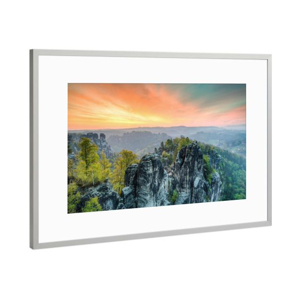 Poster mit Rahmen Silber "Bastei Sonnenaufgang" artboxONE - Natur,Reise