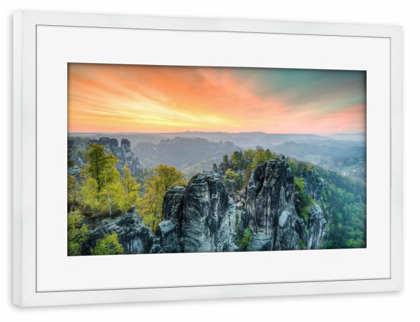 Poster mit Rahmen weiß "Bastei Sonnenaufgang" artboxONE - Natur,Reise