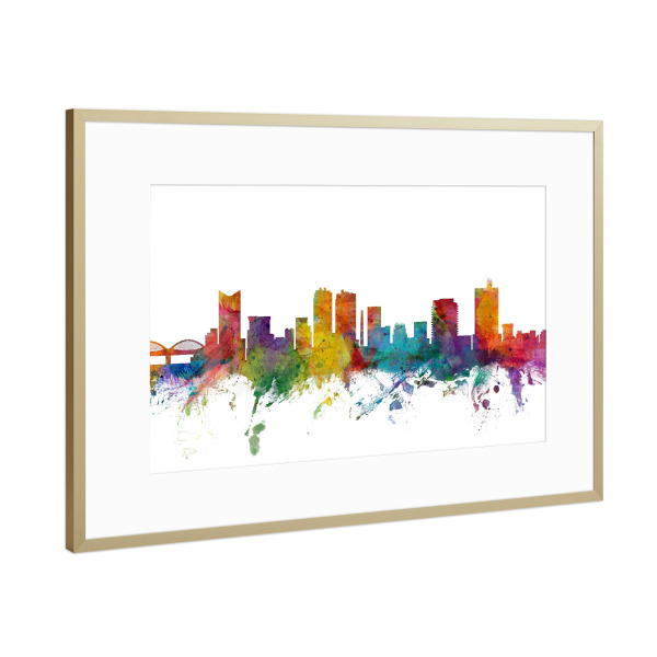 Poster mit Rahmen Gold "Fort Worth Texas Watercolor" artboxONE - Städte,Reise,Architektur