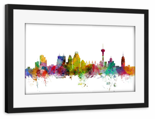 Poster mit Rahmen schwarz "San Antonio Texas Watercolor" artboxONE - Städte,Reise,Architektur