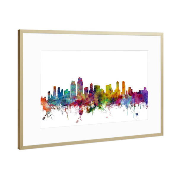 Poster mit Rahmen Gold "San Diego California Watercolor" artboxONE - Städte,Reise,Architektur