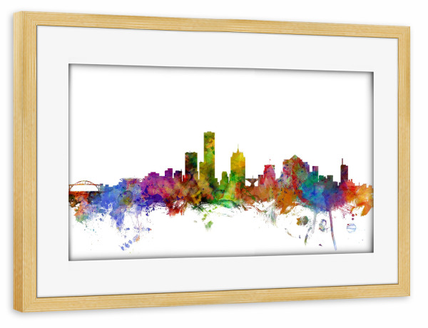 Poster mit Rahmen kiefer "Milwaukee Wisconsin Watercolor" artboxONE - Städte,Reise,Architektur