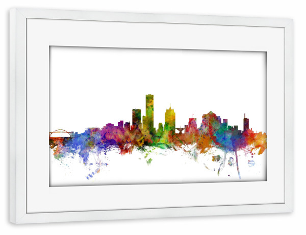 Poster mit Rahmen weiß "Milwaukee Wisconsin Watercolor" artboxONE - Städte,Reise,Architektur