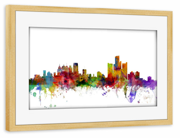 Poster mit Rahmen kiefer "Detroit Michigan Watercolor" artboxONE - Städte,Reise,Architektur
