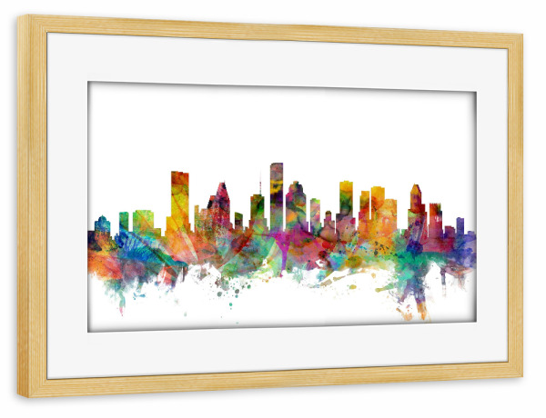 Poster mit Rahmen kiefer "Houston Texas Watercolor" artboxONE - Städte,Reise,Architektur