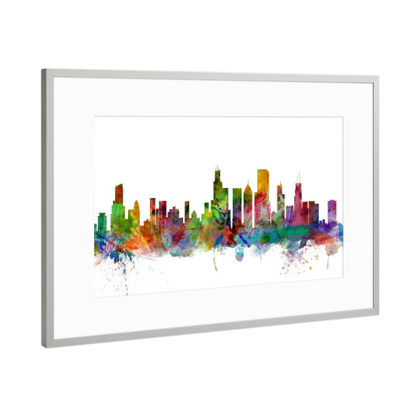 Poster mit Rahmen Silber "Chicago Illinois Watercolor" artboxONE - Städte,Reise,Architektur