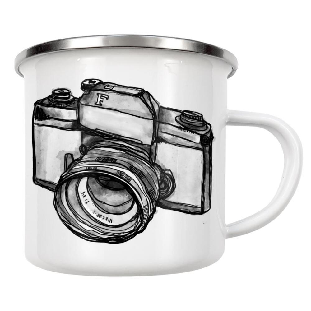 Emaille Tasse "Kamera Illustration" artboxONE - Schwarzweiß