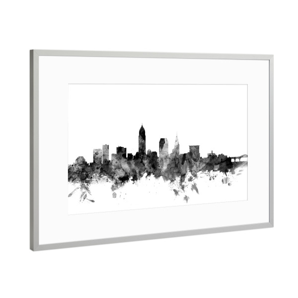 Poster mit Rahmen Silber "Cleveland Ohio Skyline" artboxONE - Städte,Reise,Schwarzweiß,Architektur