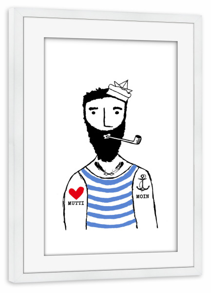 Poster mit Rahmen weiß "Seemann" artboxONE - Für Kinder,Schwarzweiß - Seemann,Maritim,Anker,Meer