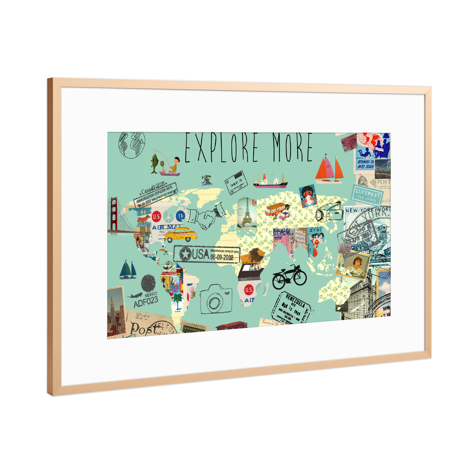 Poster mit Rahmen Kupfer "Weltkarte - Explore more" artboxONE - Reise / Länder - Weltkarte,World map,Explore,More,Entdecken