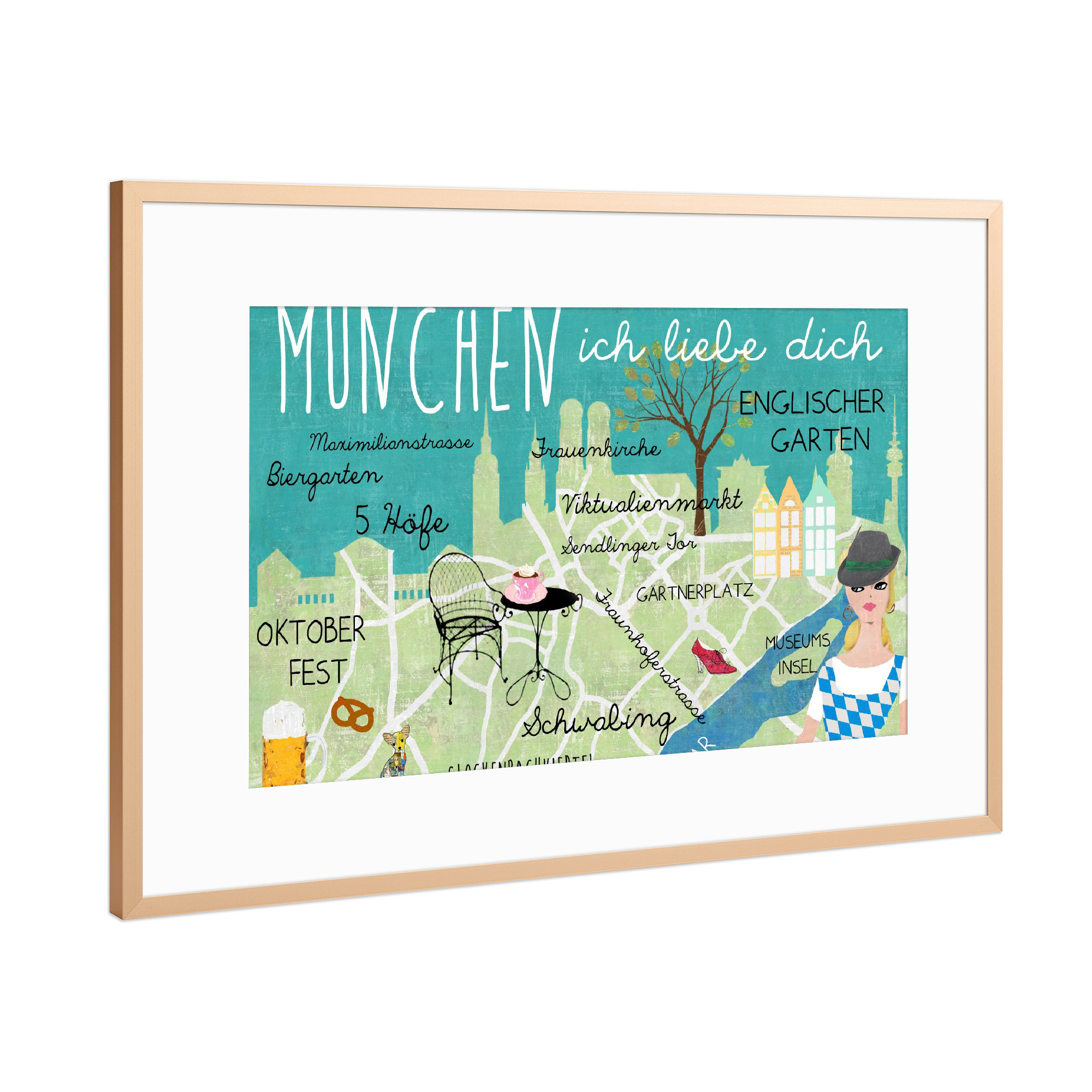 Poster mit Rahmen Kupfer "München - Ich Liebe Dich" artboxONE - Städte - München,Ichliebedich,Stadt,Städteposter,Witzig,Vintage,Retro,Nostalgie