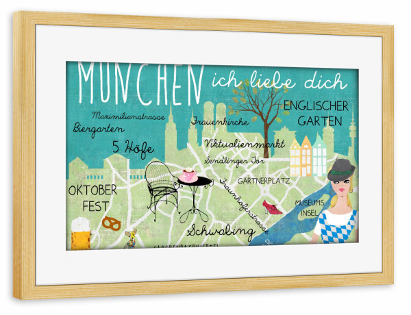 Poster mit Rahmen kiefer "München - Ich Liebe Dich" artboxONE - Städte - München,Ichliebedich,Stadt,Städteposter,Witzig,Vintage,Retro,Nostalgie