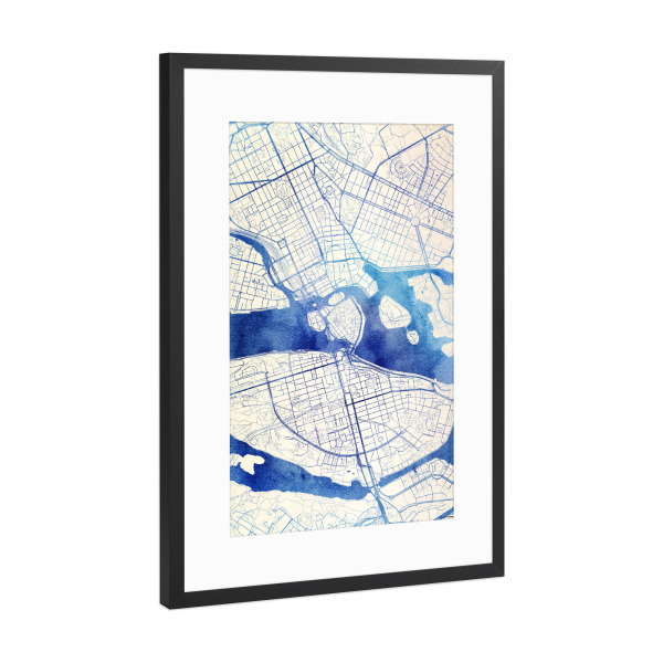 Poster mit Rahmen Schwarz (Metallic) "Stockholm Schweden Blue Infusion Map II" artboxONE - Städte,Reise,Kartografie
