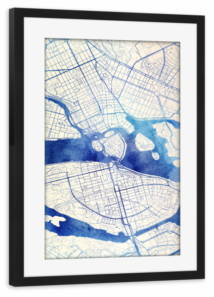 Poster mit Rahmen schwarz "Stockholm Schweden Blue Infusion Map II" artboxONE - Städte,Reise,Kartografie - Städte,Stadtkarte,Wasserfarbe,Rosequartz