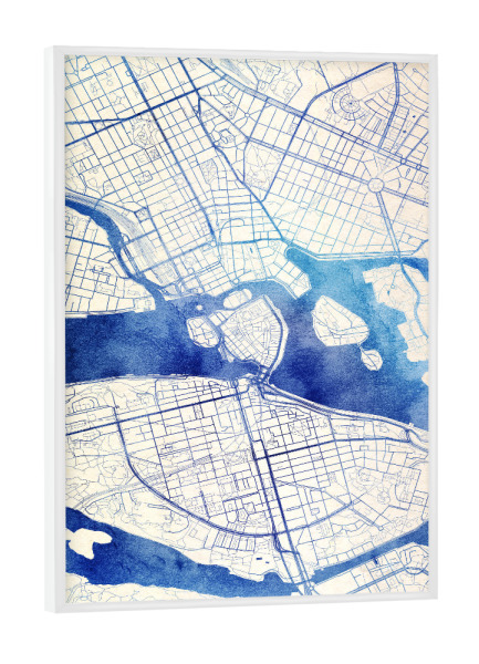 Poster mit weißem Rahmen "Stockholm Schweden Blue Infusion Map II" artboxONE - Städte,Reise,Kartografie - Städte,Stadtkarte,Wasserfarbe,Rosequartz