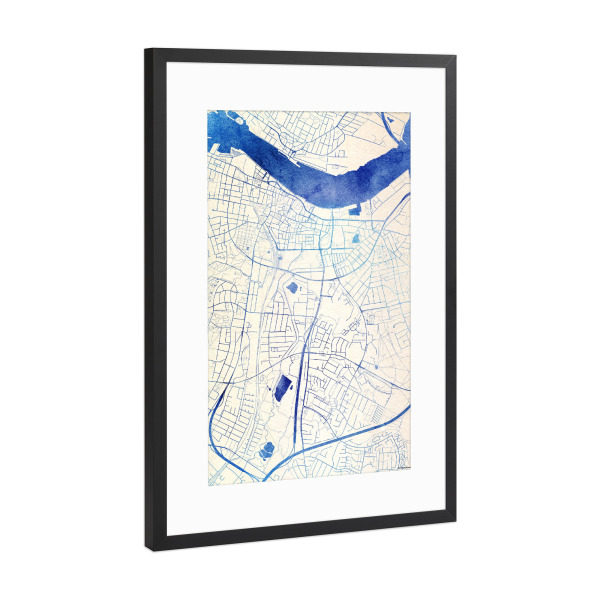 Poster mit Rahmen Schwarz (Metallic) "Aalborg Dänemark Blue Infusion Map I" artboxONE - Städte,Reise,Kartografie