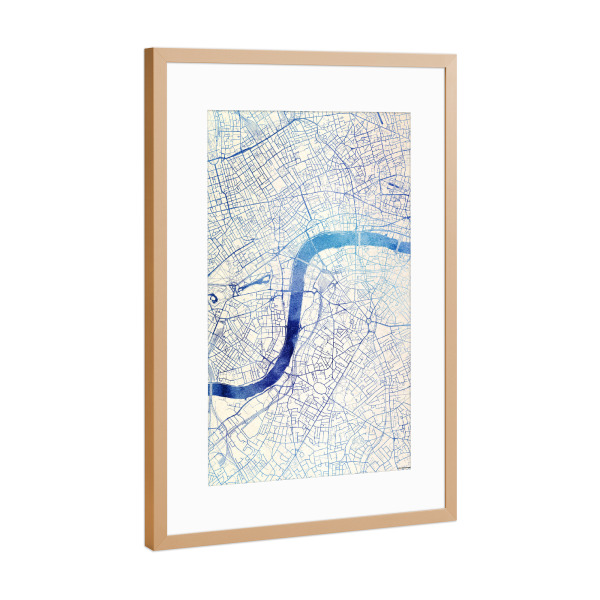 Poster mit Rahmen Kupfer "London GB Blue Infusion Map II" artboxONE - Städte,Reise,Kartografie - Städte,Stadtkarte,Wasserfarbe,Rosequartz