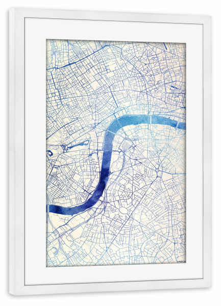 Poster mit Rahmen weiß "London GB Blue Infusion Map II" artboxONE - Städte,Reise,Kartografie - Städte,Stadtkarte,Wasserfarbe,Rosequartz