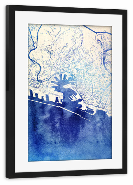 Poster mit Rahmen schwarz "Genua Italien Blue Infusion Map I" artboxONE - Städte,Reise,Kartografie - Städte,Stadtkarte,Wasserfarbe,Rosequartz