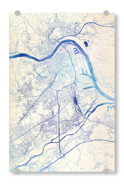 Acrylglasbild "Linz Österreich Blue Infusion Map II" artboxONE - Städte,Reise,Kartografie - Städte,Stadtkarte,Wasserfarbe,Rosequartz