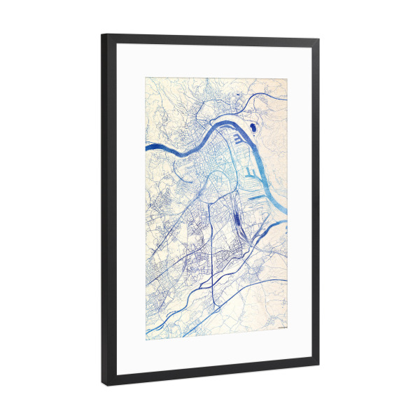Poster mit Rahmen Schwarz (Metallic) "Linz Österreich Blue Infusion Map II" artboxONE - Städte,Reise,Kartografie