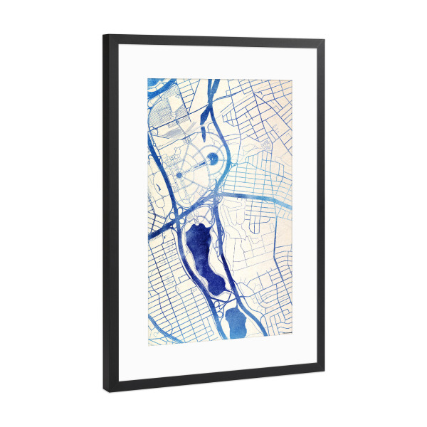 Poster mit Rahmen Schwarz (Metallic) "Queens USA Blue Infusion Map I" artboxONE - Städte,Reise,Kartografie - Städte,Stadtkarte,Wasserfarbe,Rosequartz