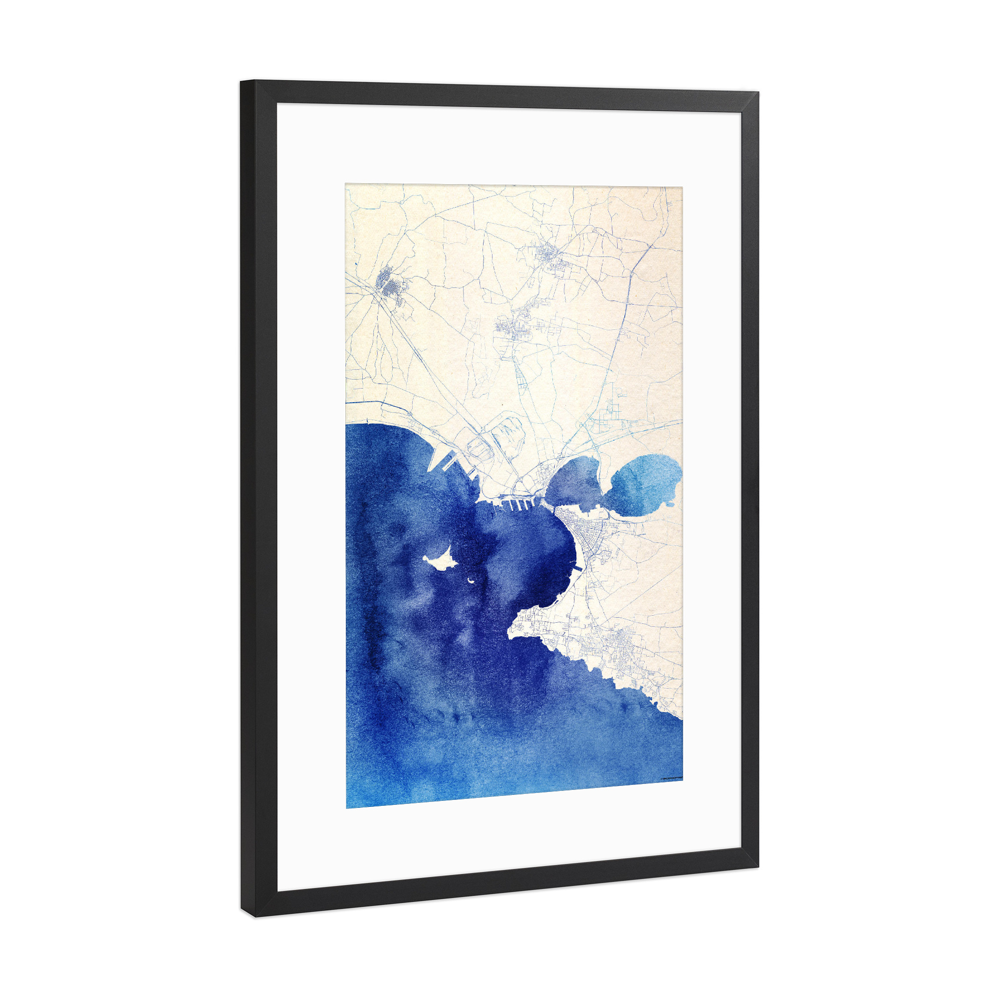 Poster mit Rahmen Schwarz (Metallic) "Tarent Italien Blue Infusion Map I" artboxONE - Städte,Reise,Kartografie