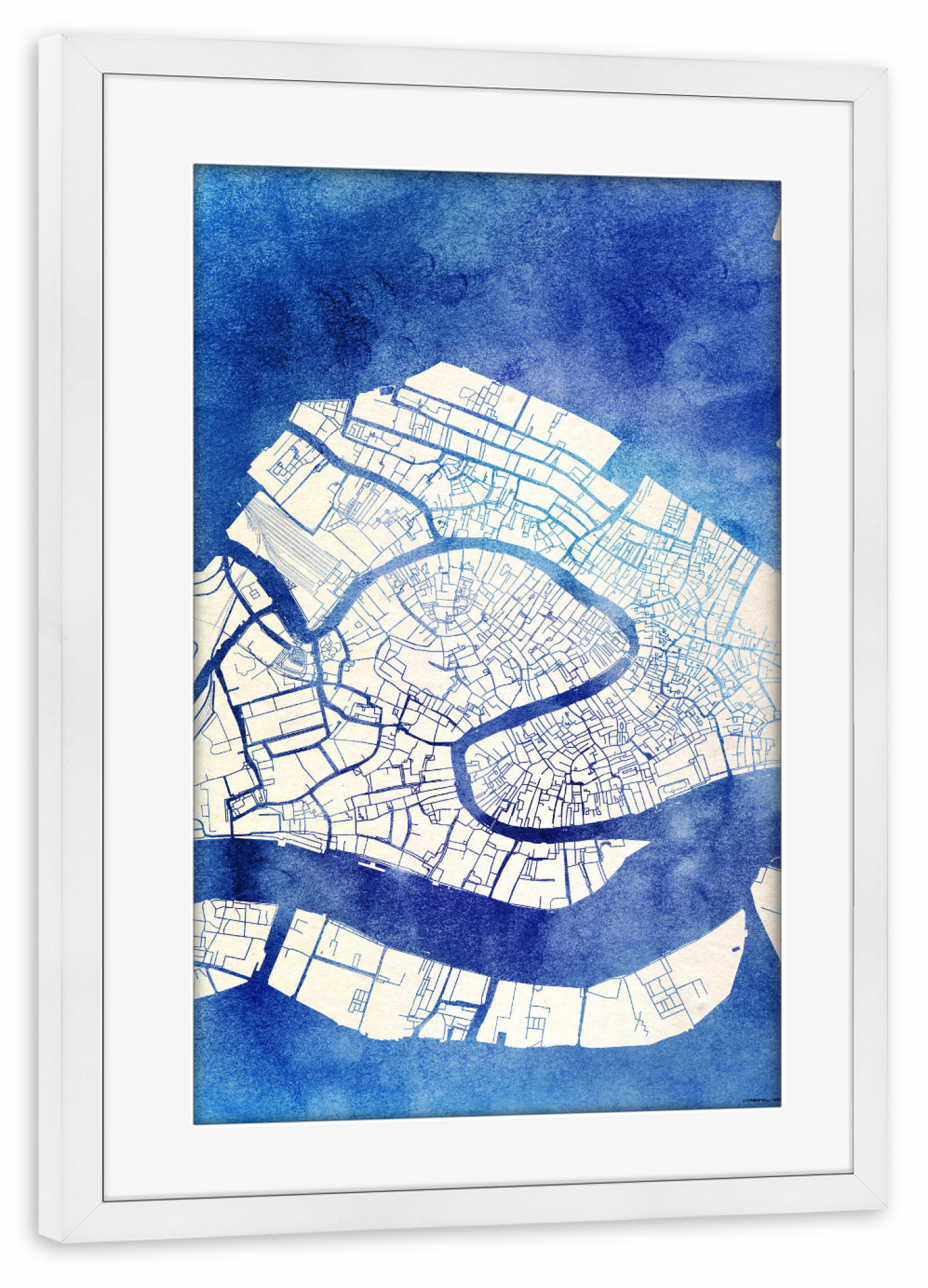 Poster mit Rahmen weiß "Venedig Italien Blue Infusion Map III" artboxONE - Städte,Reise,Kartografie - Städte,Stadtkarte,Wasserfarbe,Rosequartz