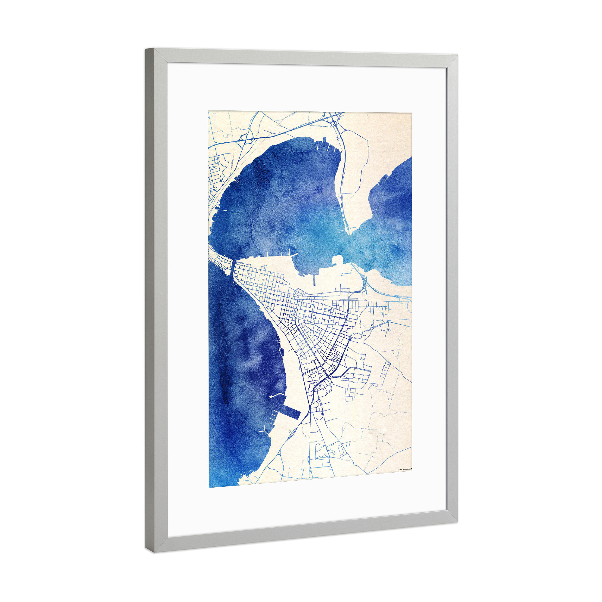 Poster mit Rahmen Silber "Tarent Italien Blue Infusion Map II" artboxONE - Städte,Reise,Kartografie - Städte,Stadtkarte,Wasserfarbe,Rosequartz