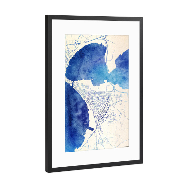 Poster mit Rahmen Schwarz (Metallic) "Tarent Italien Blue Infusion Map II" artboxONE - Städte,Reise,Kartografie