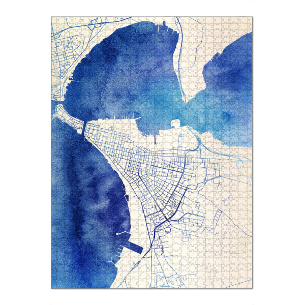 Puzzle Ravensburger "Tarent Italien Blue Infusion Map II" artboxONE - Städte,Reise,Kartografie - Städte,Stadtkarte,Wasserfarbe,Rosequartz