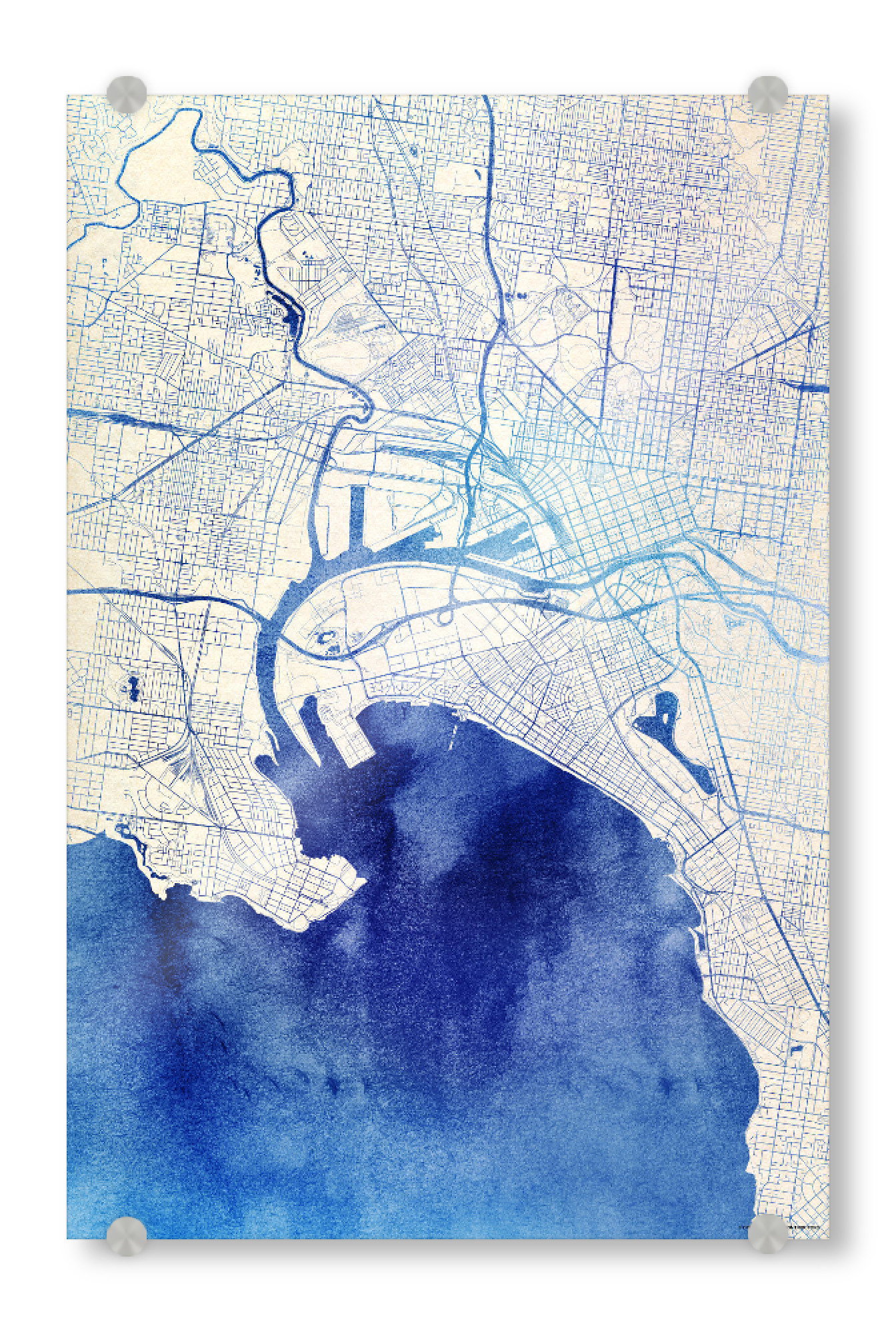 Acrylglasbild "Melbourne Australien Blue Infusion Map II" artboxONE - Städte,Reise,Kartografie - Städte,Stadtkarte,Wasserfarbe,Rosequartz