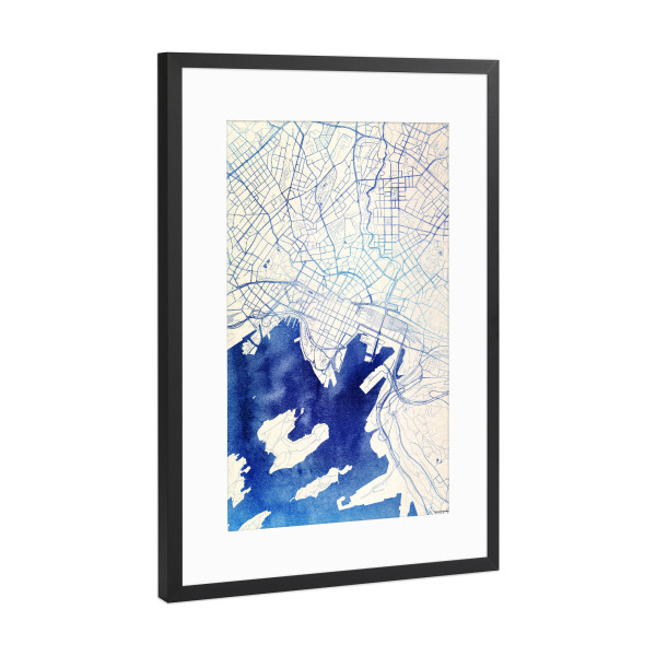 Poster mit Rahmen Schwarz (Metallic) "Oslo Norwegen Blue Infusion Map I" artboxONE - Städte,Reise,Kartografie