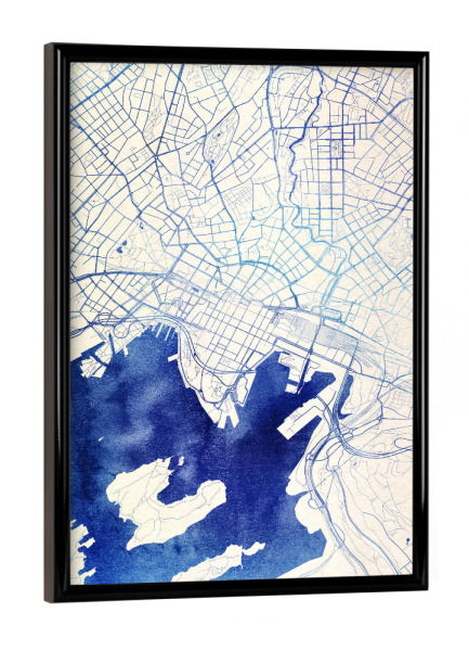 Poster mit schwarzem Rahmen "Oslo Norwegen Blue Infusion Map I" artboxONE - Städte,Reise,Kartografie - Städte,Stadtkarte,Wasserfarbe,Rosequartz
