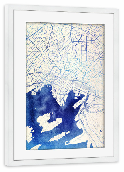 Poster mit Rahmen weiß "Oslo Norwegen Blue Infusion Map I" artboxONE - Städte,Reise,Kartografie - Städte,Stadtkarte,Wasserfarbe,Rosequartz
