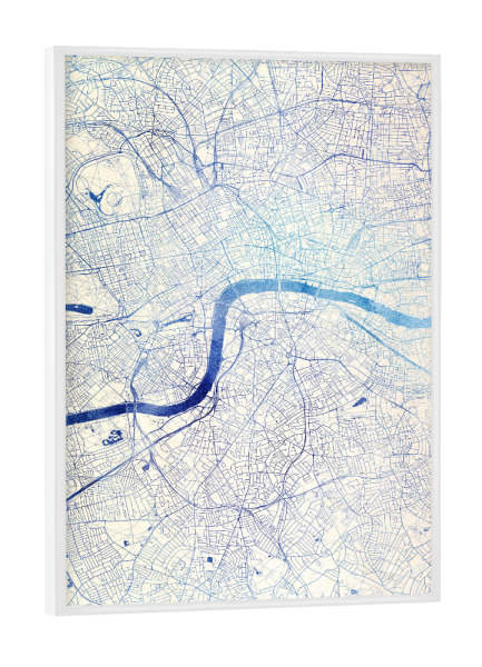 Poster mit weißem Rahmen "London GB Blue Infusion Map I" artboxONE - Städte,Reise,Kartografie - Städte,Stadtkarte,Wasserfarbe,Rosequartz