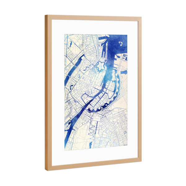 Poster mit Rahmen Kupfer "København Dänemark Blue Infusion Map II" artboxONE - Städte,Reise,Kartografie - Städte,Stadtkarte,Wasserfarbe,Rosequartz