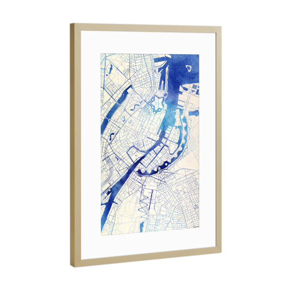 Poster mit Rahmen Gold "København Dänemark Blue Infusion Map II" artboxONE - Städte,Reise,Kartografie - Städte,Stadtkarte,Wasserfarbe,Rosequartz