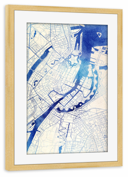 Poster mit Rahmen kiefer "København Dänemark Blue Infusion Map II" artboxONE - Städte,Reise,Kartografie - Städte,Stadtkarte,Wasserfarbe,Rosequartz
