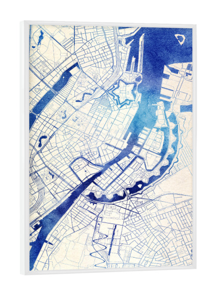 Poster mit weißem Rahmen "København Dänemark Blue Infusion Map II" artboxONE - Städte,Reise,Kartografie - Städte,Stadtkarte,Wasserfarbe,Rosequartz