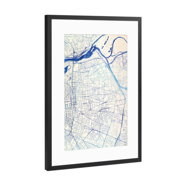 Poster mit Rahmen Schwarz (Metallic) "Villeurbanne Frankreich Blue Infusion Map I" artboxONE - Städte,Reise,Kartografie